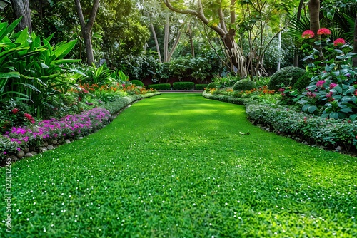 Simple garden featuring a clean  rectangular lawn bordered by orderly flower beds and neatly spaced shrubs.