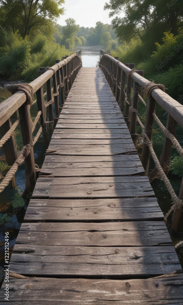 Fototapeta premium Old wooden bridge with worn planks and rope railings, wooden bridge, wooden railing