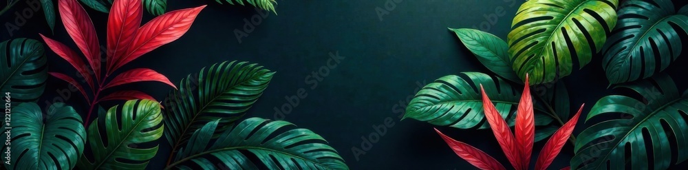 Obraz premium Darkly lit tropical foliage with vibrant exotic leaves, forest, mysterious, jungle