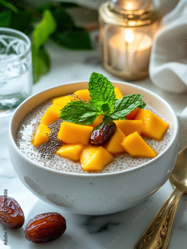 chia pudding topped with mango and mint, glass of water and sliced dates nearby, subtle reflections from lantern creating peaceful ambiance chia pudding topped with mango and mint, glass of water and sliced dates nearby, subtle reflections from lantern creating peaceful ambiance