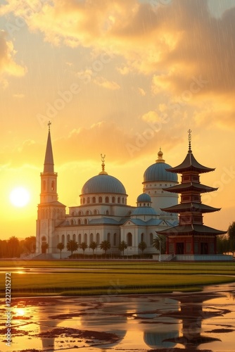 Wallpaper Mural Golden Sunset Illuminates Mosque, Pagoda, and Church: A Serene Architectural Ensemble Torontodigital.ca