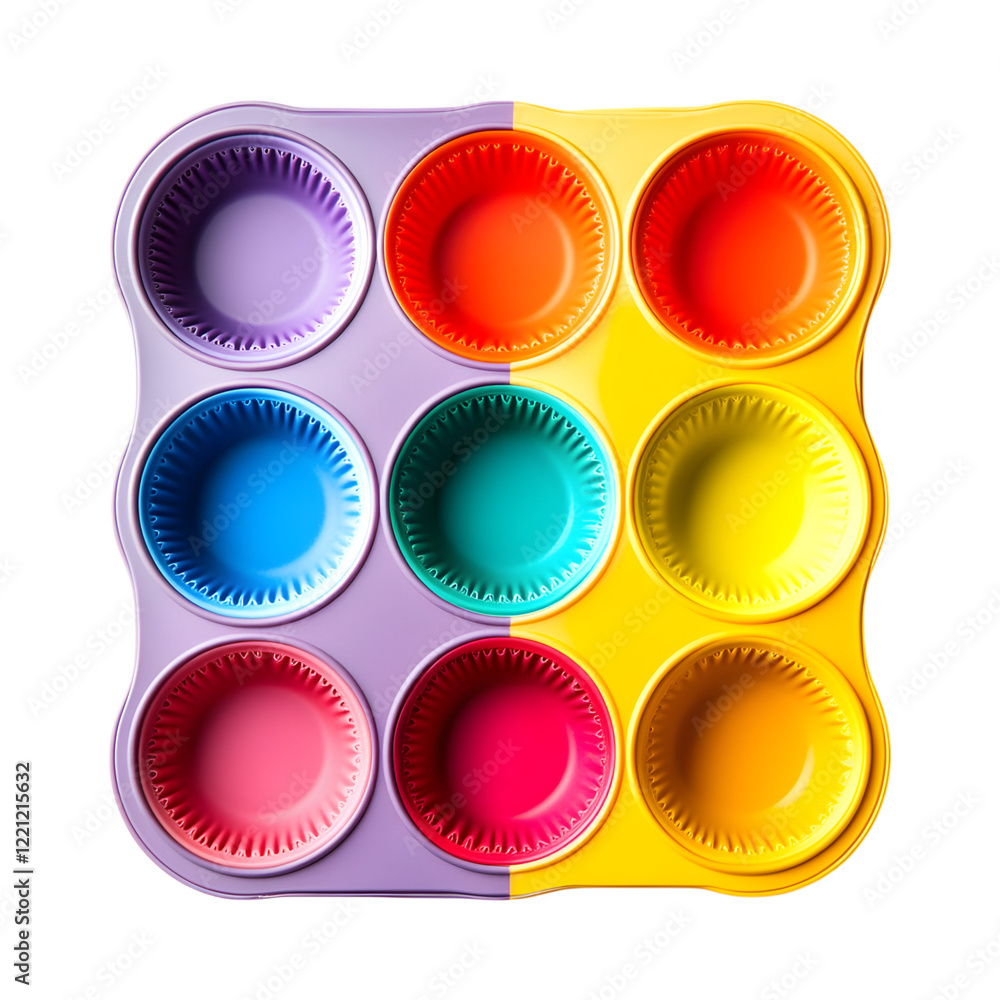 Fototapeta premium Colorful Cupcakes in Modern Silicone Muffin Tray Isolated on Transparent Background