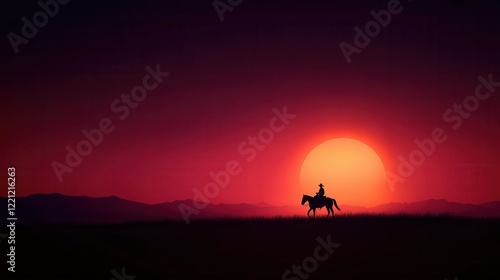 Lone cowboy silhouette against dramatic sunset in texan landscape. photo