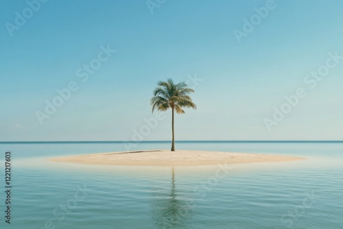Single palm tree is growing on a small sandy island in the middle of a calm turquoise sea under a clear blue sky