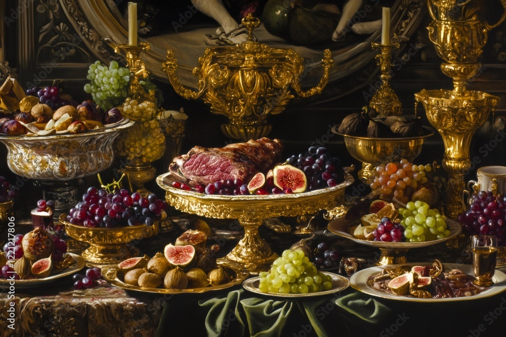 Fototapeta premium Sumptuous baroque tableau with roasted meat, golden-hued grapes, and ripe figs adorning opulent serving platters