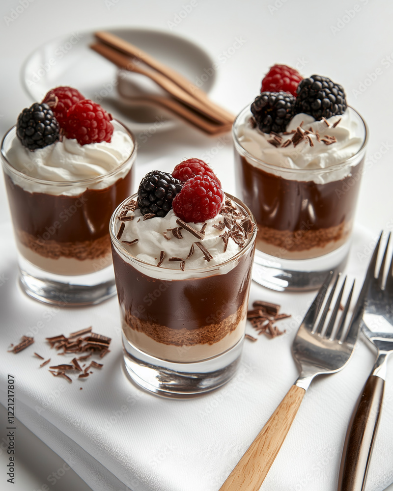 Chocolate mousse trio with varying toppings, arranged on textured white background, rustic accents included. Chocolate mousse trio with varying toppings, arranged on textured white background, rustic accents included.
