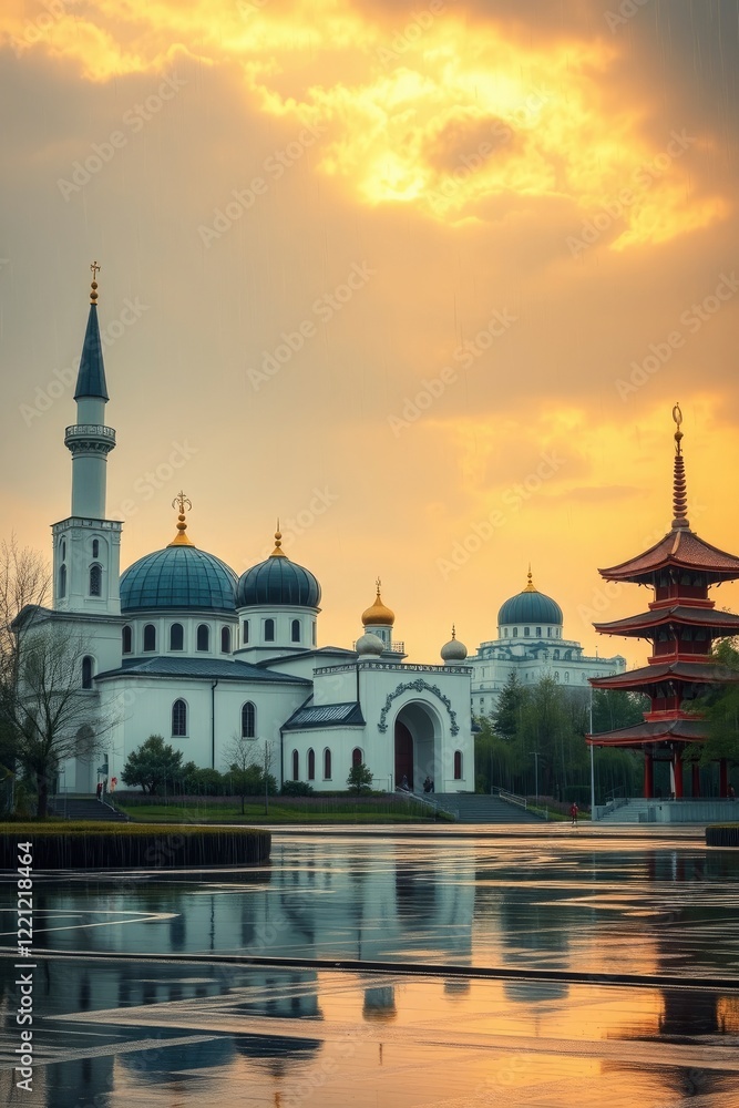 Obraz premium Serene Sunset Mosque: Architectural Harmony in Golden Hues