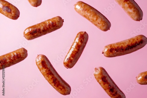 Delicious grilled sausages falling against a vibrant pink backdrop, creating a visually appealing and appetizing scene