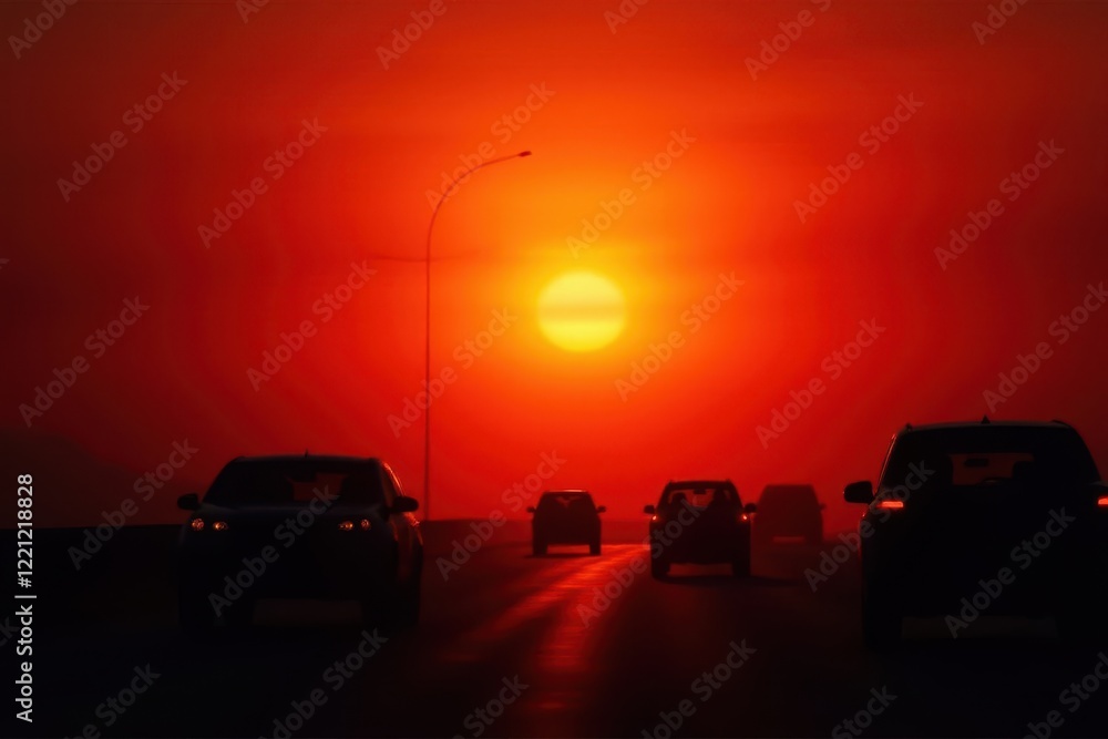 Silhouetted vehicles on highway against fiery sunset , automobile, journey, shadow Silhouetted vehicles on highway against fiery sunset , automobile, journey, shadow