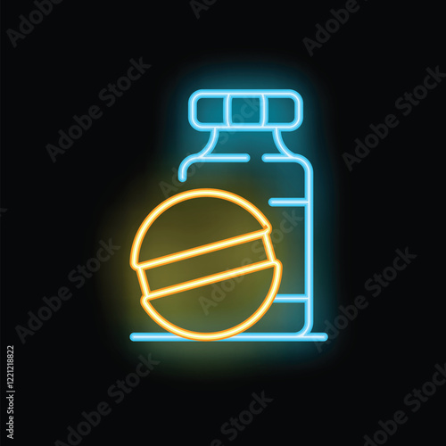 Glowing neon sign of sports supplements with jar and capsule for strength training and muscle building