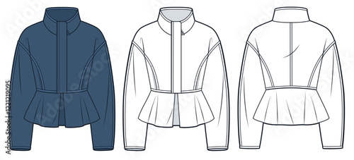 Fitted Jacket with Peplum technical fashion illustration. Blue Jacket fashion flat technical drawing template, front zipper, pockets, front and back view, white, women CAD mockup set.