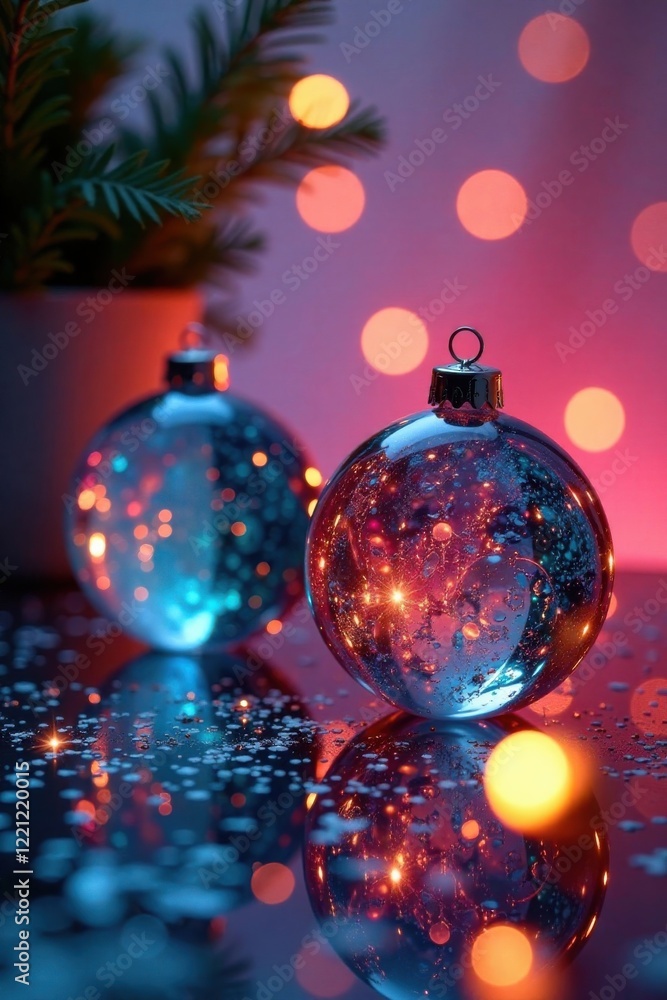 Fototapeta premium Glass ornaments shimmering in soft light , blue background, shining decor