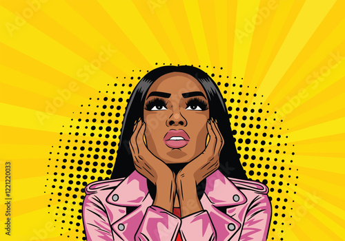 Vector pop art style illustration of a boring woman's face. African American woman looks up thoughtfully