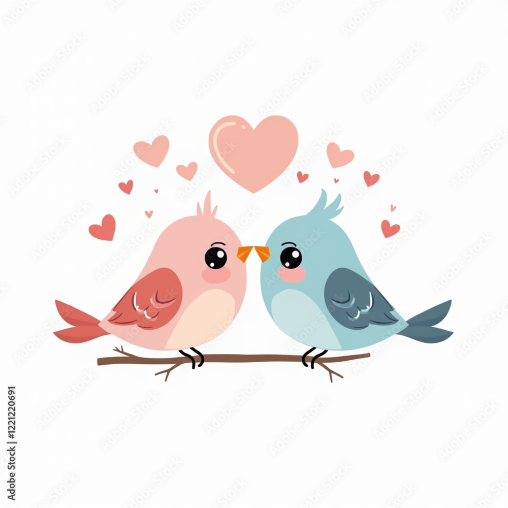 Obraz premium Lovebirds and hearts kissing on a branch