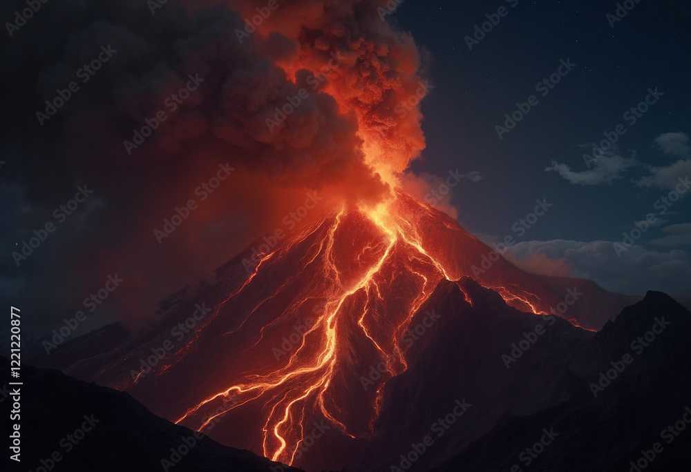 Fototapeta premium Fiery volcanic eruption at night with flowing lava and thick ash clouds, a dramatic display of natural power