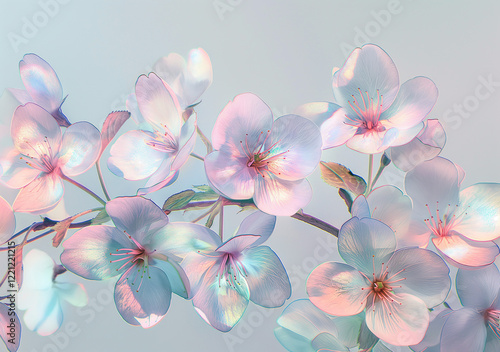 A digital art piece of delicate cherry blossoms, digitally altered with an iridescent effect in pastel colors. Generative AI