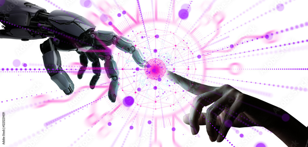 PNG, Human Hand Touching Robot Hand with Futuristic Digital Interface and Transparent Background