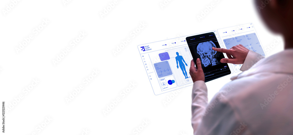 PNG, Doctor Analyzing Digital Medical Imaging on Holographic Interface with Transparent Background