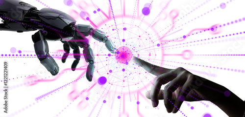Obraz na płótnie PNG, Human Hand Touching Robot Hand with Futuristic Digital Interface and Transparent Background w salonie