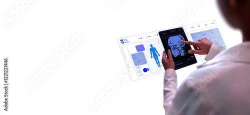 PNG, Doctor Analyzing Digital Medical Imaging on Holographic Interface with Transparent Background