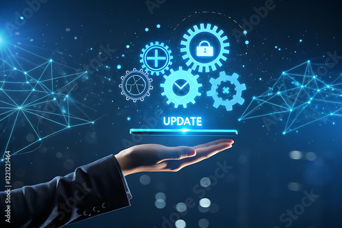 Operating system upgrade concept, installation app and software update process, modernize user equipment, update modern functions, developer released new version Improved security. User is downloading