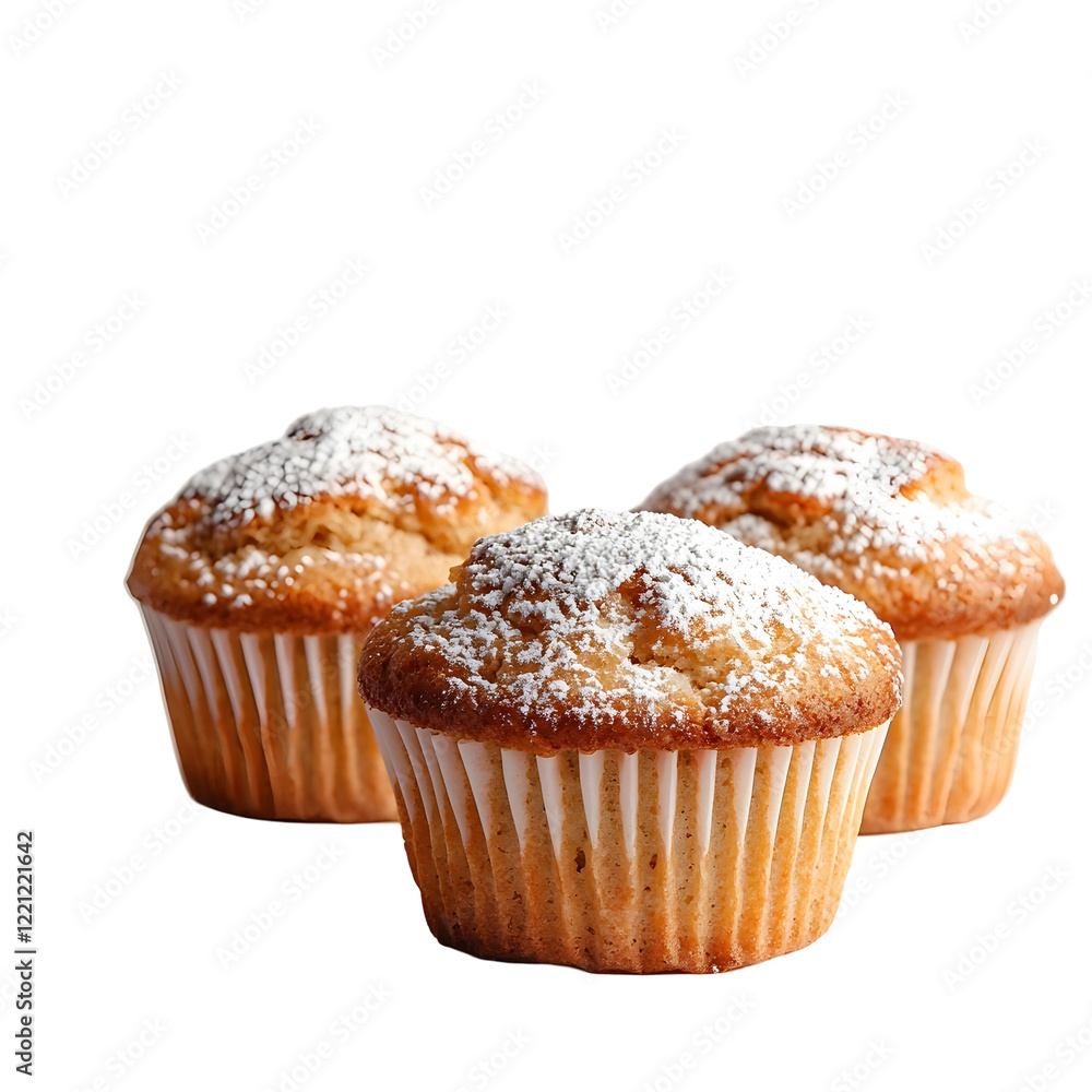 Delicately Textured Quinoa Flour Muffins Dusted with Powdered Sugar on Plain White Background Delicately Textured Quinoa Flour Muffins Dusted with Powdered Sugar on Plain White Background