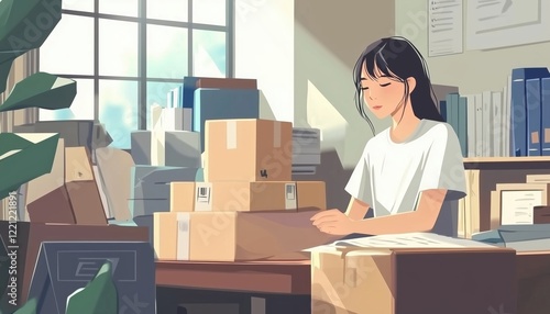 Asian Teenager Entrepreneur Works From Home, Woman Packaging Customer Orders For Delivery Via Parcel Shipping Services. photo