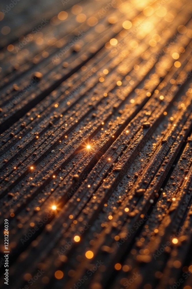 Obraz premium Iridescent gold sparkles on rich brown wood grain surface , gold, wood, sparkles