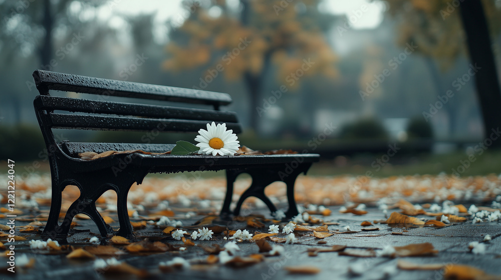 Memorial bench in serene park with a single daisy placed on the seat among autumn leaves, copy space
Memorial bench in serene park with a single daisy placed on the seat among autumn leaves, copy space