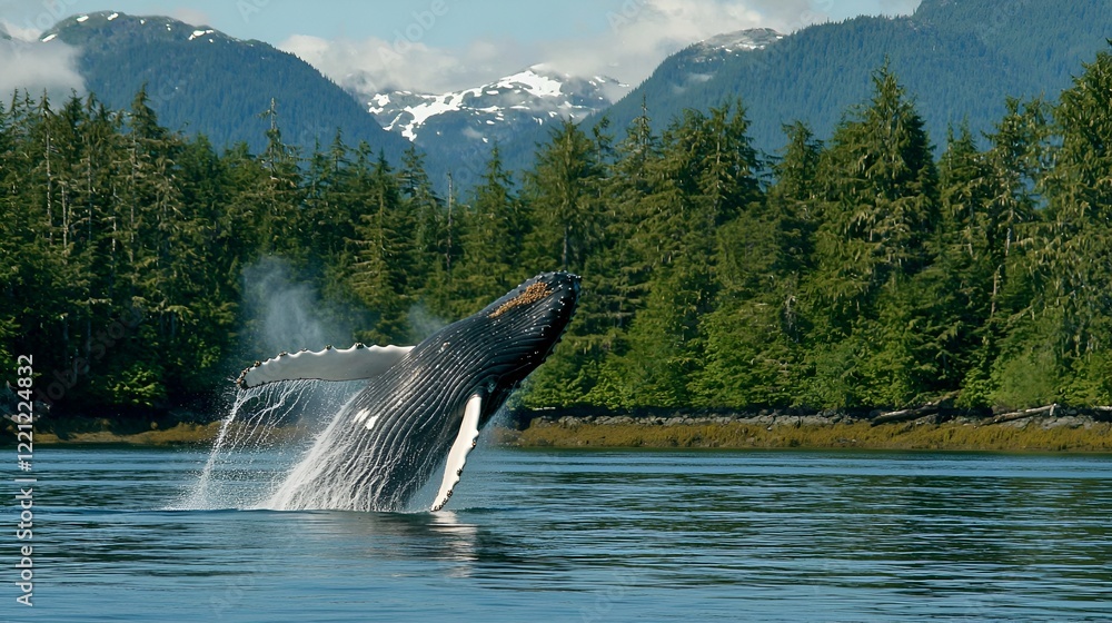 Obraz premium Humpback whale breaching, coastal forest backdrop, wildlife photography