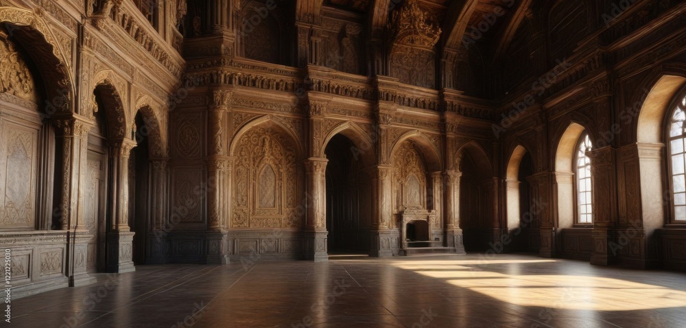 Obraz premium Majestic castle interior with intricate carvings and golden patterns, grand, ornate, carvings