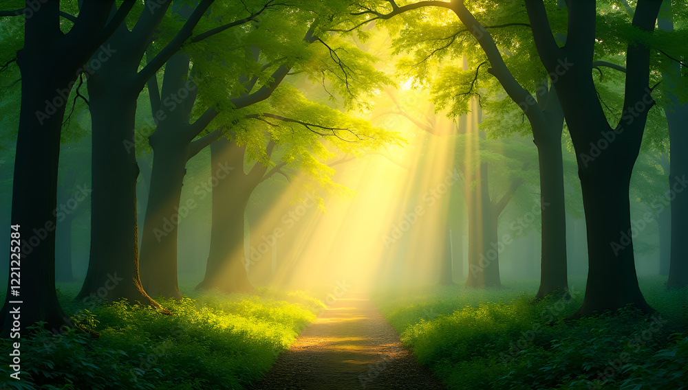 Naklejka premium Peaceful misty forest with warm sunlight streaming through the trees.