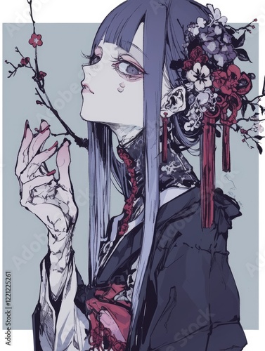 Elegant Anime Girl With Floral Hair Ornament