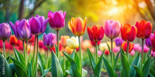 Vibrant spring tulips in a row, showcasing their unique shapes and colors amidst lush greenery, outdoor