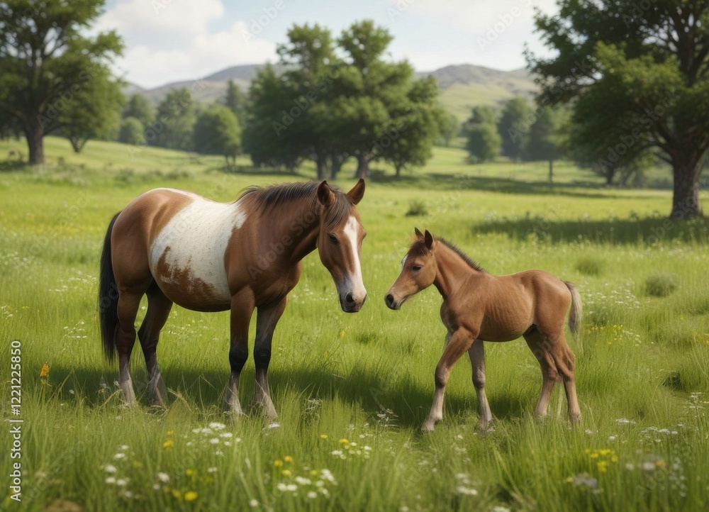 Mare and foal grazing in a lush meadow together, wildlife, unicorn, animal friends