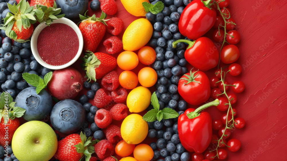 Fresh fruits and vegetables arranged on vivid red background, showcasing strawberries, blueberries, lemons, and red peppers, creating vibrant and appetizing display Fresh fruits and vegetables arranged on vivid red background, showcasing strawberries, blueberries, lemons, and red peppers, creating vibrant and appetizing display