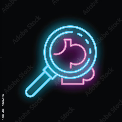 Neon sign of magnifying glass examining stomach, concept for digestive system health, gastritis or medical check up