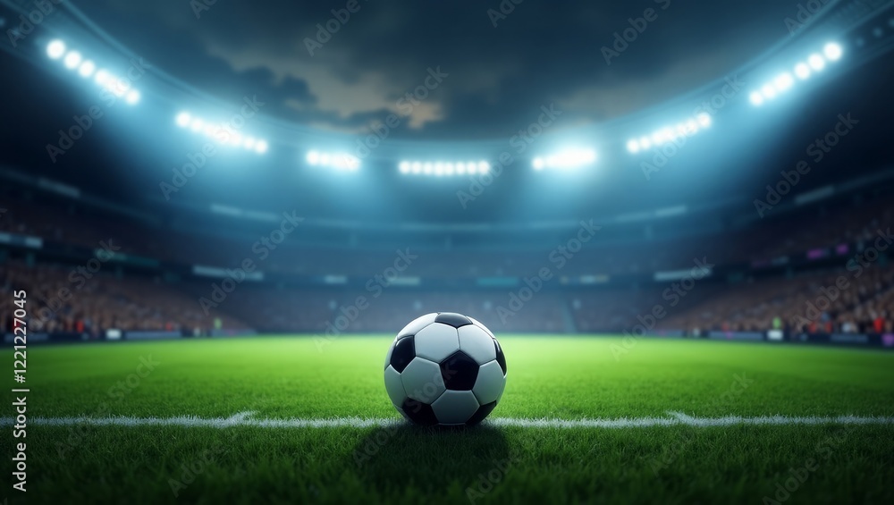 Obraz premium Soccer Stadium, Football Stadium, Green Field, Soccer Field, Football Field, Stadium Lights, Goalpost, Sports Arena, Soccer Match, Grass Field, Artificial Turf, Real Grass Field, Sports Venue, Soccer 