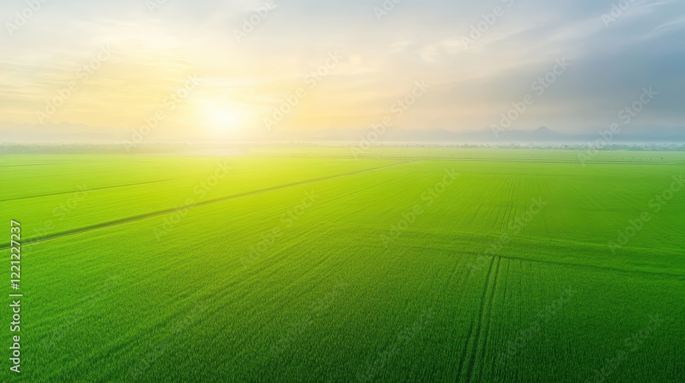 Radiant sun over a verdant green field, serene landscape sunlit Radiant sun over a verdant green field, serene landscape sunlit