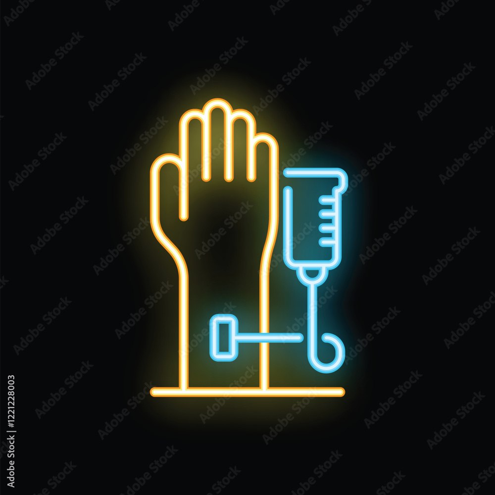 Glowing neon line icon of a hand receiving intravenous therapy on a dark background Glowing neon line icon of a hand receiving intravenous therapy on a dark background