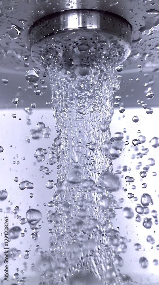 A stream of clear water pouring gently from above, creating small ripples on the pristine white backdrop A stream of clear water pouring gently from above, creating small ripples on the pristine white backdrop