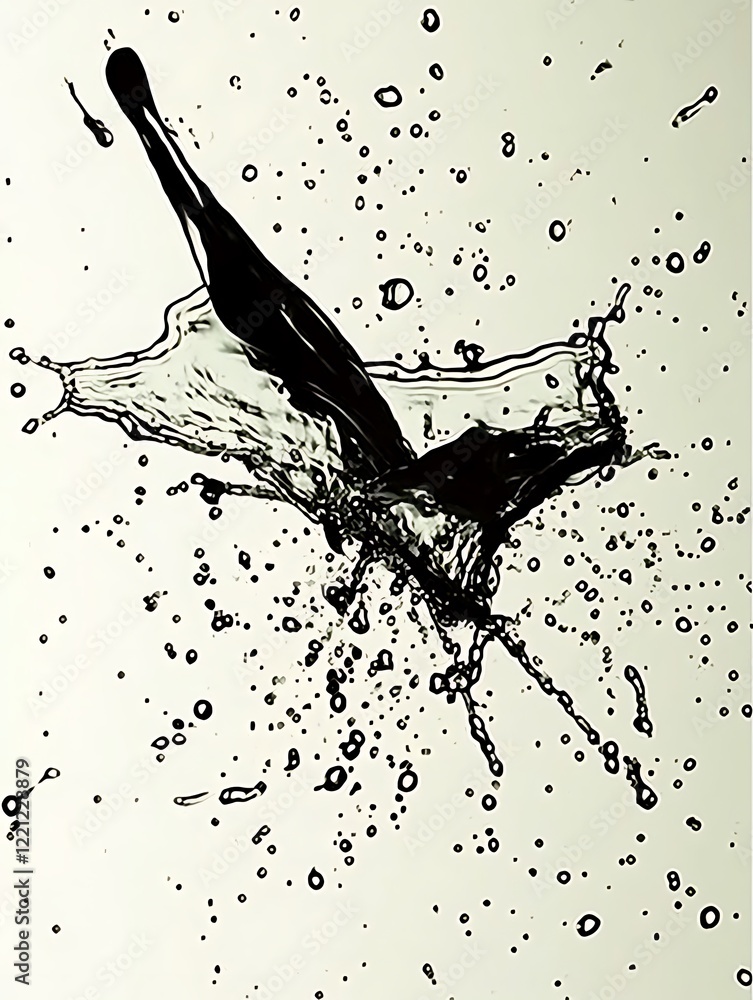 Fototapeta premium A surreal, abstract pattern formed by water splashes in mid-motion, with droplets arranged in an unusual and captivating design against a white background