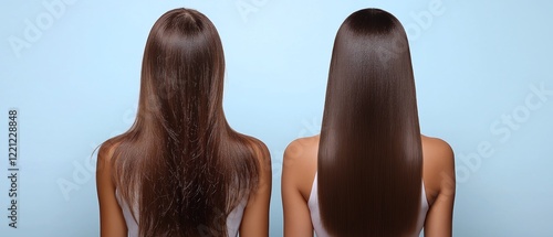 Before and after comparison of women's hair transformation showcasing the difference between unstyled and professionally styled hair. Perfect for beauty and hair care themes. photo