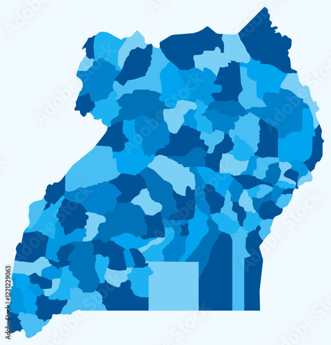 Map of Uganda with regions. A simple country border map with regional divisions in a light blue color palette. Vector illustration.