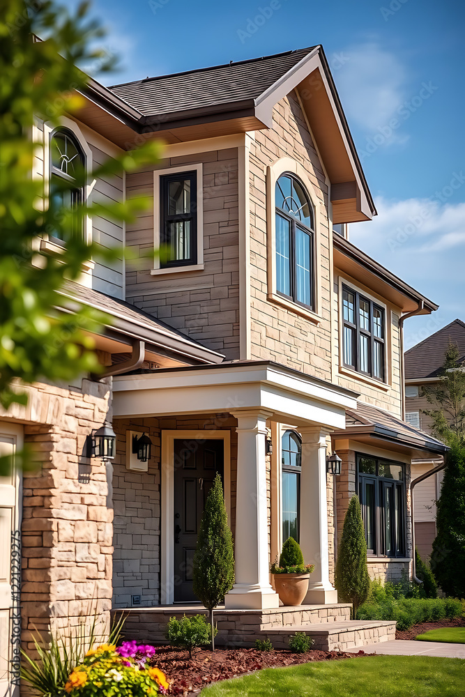 Fototapeta premium Luxury House Exterior: Modern Stone Facade, Landscaping, and Classic Design
