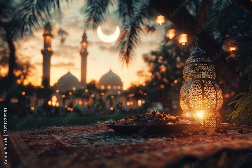 Obraz premium Magical Evening Lanterns: A Serene Sunset Over an Enchanting Mosque with Glowing Lanterns and Traditional Dishes in a Vibrant Garden.
