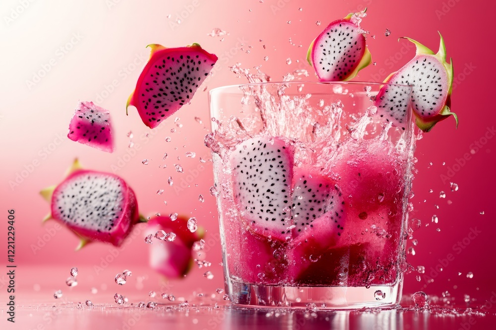 Colorful dragon fruit splash in a glass creates a refreshing summer drink with vibrant pink and white hues against a soft gradient background