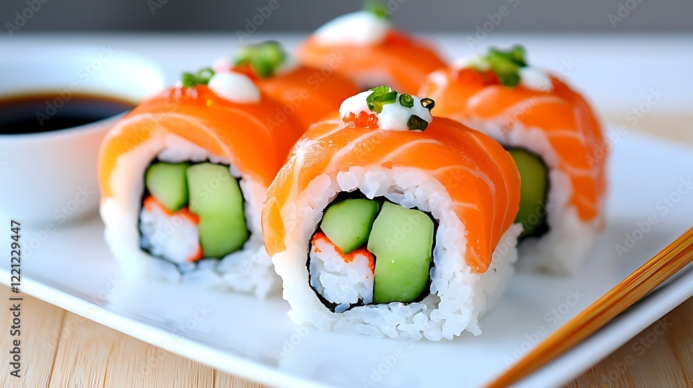 Fresh Salmon Sushi Rolls with Cucumber and Crab Fresh Salmon Sushi Rolls with Cucumber and Crab