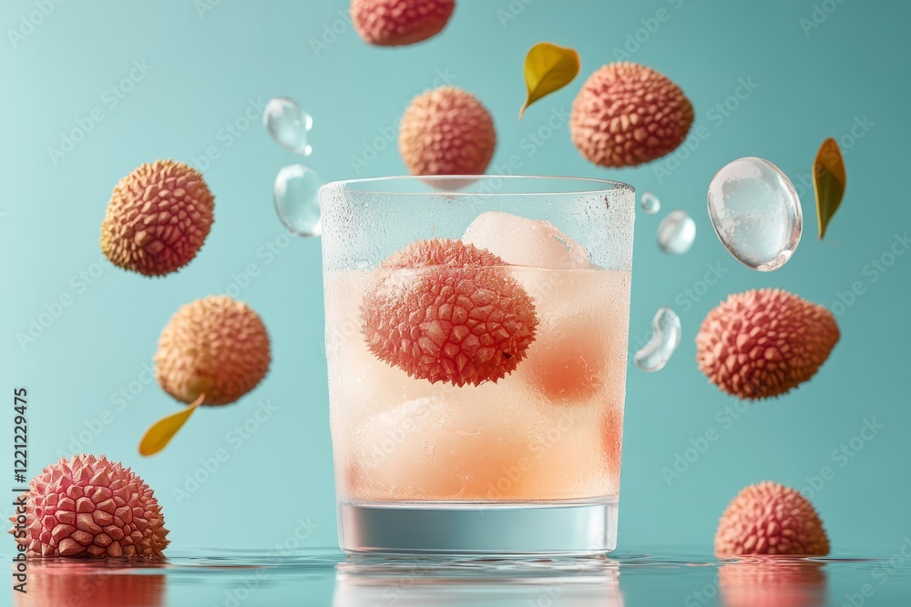 Refreshing lychee drink garnished with floating lychee fruit and ice cubes on a teal background during a summer afternoon