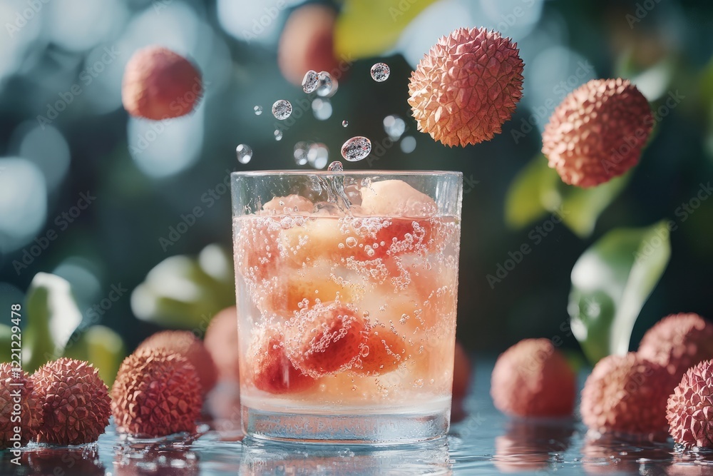 Savor a refreshing lychee beverage, sparkling with bubbles, and accompanied by an assortment of vibrant, fresh fruits in a delightful sunny environment